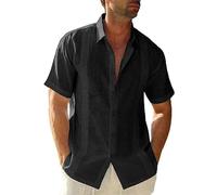 Friptspyg Hombre Camisa de Lino para Manga Corta Estilo Casual y Ajuste Regular Fit Cubana Camp Guayabera Camisa de Verano, Negro XXL