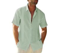 Friptspyg Hombre Camisa de Lino para Manga Corta Estilo Casual y Ajuste Regular Fit Cubana Camp Guayabera Camisa de Verano, Verde Menta S