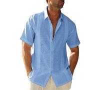 Friptspyg Hombre Camisa de Lino para Manga Corta Estilo Casual y Ajuste Regular Fit Cubana Camp Guayabera Camisa de Verano, Azul Cielo L