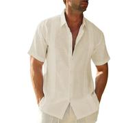 Friptspyg Hombre Camisa de Lino para Manga Corta Estilo Casual y Ajuste Regular Fit Cubana Camp Guayabera Camisa de Verano, Beige M