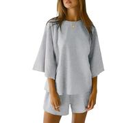 Friptspyg Top da Donna T-Shirt Casual in Cotone Top da Donna con Pantaloncini Casual, Gris Claro M