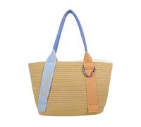 Fritzi Happy Summer Shopper Blue Wood Beige bolso mujer efecto paja rafia vegano bolso shopper bolso hombro diseño verano playa vacaciones festival corazón mosquetón 25 x 37 x 11,5 cm, Azul