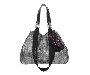 Fritzi Izzy Medium Limited Painted Straw Silver Black bolso shopper mujer efecto paja rafia vegano bolso hombro grande estilo verano colgante vacaciones playa 29 x 42 x 15 cm, Negro Plata
