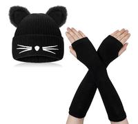 FRIUSATE Gorro Cat Eras para mujer y guantes largos sin dedos, gorro de punto cálido de invierno para esquí, lindo gorro de ganchillo para mujer, gorro holgado con guantes para mujer, Negro, 6*6*0.5