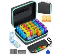 FRIWOLE Organizador mensual de píldoras 2 veces al día, con carcasa dura portátil, cortador de pastillas, caja de 31 días, púa de apertura de plástico, calcomanías mensuales y semanales, práctica