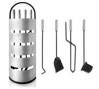 Froadp 5 Piezas Chimeneas Juego de Póker con Mango de Acero Inoxidable Accesorios para Chimeneas Modernas con Pinzas Palas Palos de Fuego Cepillos Base Set para Chimeneas de Interior (Plata)