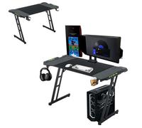 Froadp Escritorio para videojuegos con LED, 160 x 60 cm, superficie de fibra de carbono, mesa ergonómica para ordenador con soporte para bebidas y auriculares, gancho para PC, marco Z estable