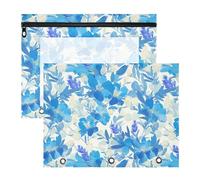 FRODOTGV Bolsas transparentes con diseño de flores azules de pavo real, bolsillo de 3 agujeros para cartas de papel A4, paquete de 2 suministros de oficina para estudiantes