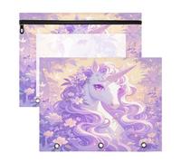 FRODOTGV Carpetas para lápices de flores y unicornios morados con cremallera, bolsillo de 3 anillos para cartas de papel A4, paquete de 2 suministros escolares para estudiantes