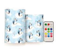 FRODOTGV Vela de pilar falsa de pingüino azul claro de Navidad y nieve, funciona con pilas con control remoto para vacaciones, boda, cena, decoración del hogar, 2 unidades
