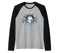 Frog Eating Kawaii Neko Japanese Noodles Anime Samurai Sombrero Camiseta Manga Raglan