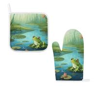 Frog in A Pond - Juego de 2 guantes de horno y agarradera resistentes al calor, guantes de cocina y almohadillas calientes para cocinar