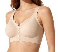 Front Closure Wireless Bra for Senior Older Women No Underwire Seamless Anti-Sagging Push Up Full Coverage Comfort Bra (Khaki,S)