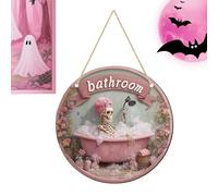 Front Door Sign, Halloween Skeleton, 7.87x7.87 Inches Scene Prop Decoration, Wooden Round Hangable Plate for Mantel Farmhouse Bedroom Haunted House Porch Wall, Decoration, Wood