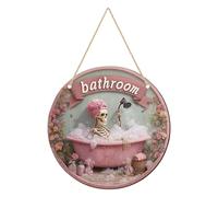 Front Door Skeleton Sign, Bathing Skeleton Wood Plaqued, Round Hunging Halloween Prop, Rustic Lightweight Design for Porch, Mantel, Farmhouse, Bedroom, Haunted House, Entryway, Spooky Seasonal Decor