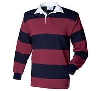 Front Row - Camiseta de rugby de manga larga a rayas, Borgoña/Marina, XXL