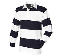 Front Row - Camisetas de Manga Larga con Diseño de Rayas para Hombre - Blanco y Azul Marino (con cuello blanco), L (Grande) Pecho - 40" - 42" (101.6cm-106.98cm)