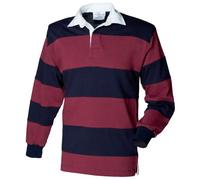 Front Row - Polo de manga larga a rayas con el cuello en blanco para hombre/Caballero Modelo Sewn Stripe (2XL/Burdeos/Azul marino)