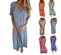 Frontaley Solid Casual Dress, Frontaley Cotton and Linen V-Neck Midi Dress, Linen Dresses for Women UK, Comfortable Style Flowy Holiday Beach Wear (Gray,M)