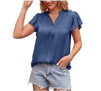 Frontera Ropa de mujer europea 2023 verano con cuello en V manga corta perlado satén temperamento camisa suéter sin hombros damas, azul, XL