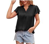 Frontera Ropa de mujer europea 2023 verano con cuello en V manga corta perlado satén temperamento camisa suéter sin hombros damas, Negro , XL