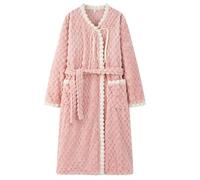 FROON Albornoz de franela gruesa for otoño e invierno, bata cálida lana color Coral longitud media con bolsillos, diseño cuello en V y botones doblados(Light Pink,M)