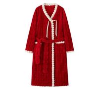 FROON Albornoz de franela gruesa for otoño e invierno, bata cálida lana color Coral longitud media con bolsillos, diseño cuello en V y botones doblados(Rot,Large)
