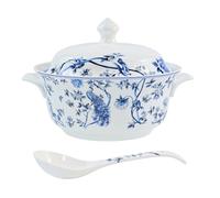 FROOWAN Tureen de cerámica con tapa y cuchara, cuencos de porcelana con asas para cocina, fiesta de entretenimiento, patrón de flores azules y animales, 2.5 L, apto para microondas y lavavajillas