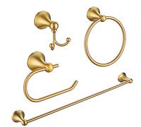 FROPO Juego de 4 Accesorios de baño Dorados - Kit de Accesorios de baño Dorado de latón Cepillado, Barra de Toalla de Acero Inoxidable montada en la Pared de 23.6 Pulgadas | Gancho para Toallas |
