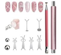 FrostyFlair 10 piezas Set de Magneto para Ojos de Gato de Doble Cabeza, Magneto Rosa con Perlas y Guías, Bolígrafo Magnético para Diseño de Flores en Uñas