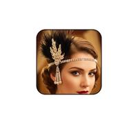 FrostyFlair Diadema 1920s para Mujeres, Cinta con Plumas Flapper & Accesorios de los Años 20, Diadema con Hoja, Strass y Perlas para Mujeres Negro Dorado