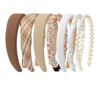 FrostyFlair Haarreifen Damen, 7 Stück Braun Haarband Damen, Rutschfeste, Gepolsterte Haarreif mit Blumenmuster und Süße Perle, Haarreifen, Haarband, Headband
