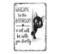 FrostyFlair Letrero Metálico de Gato para Baño, 20x30cm, Bienvenidos al Baño con Diseño de Gato, Divertida Decoración para Amantes de los Gatos