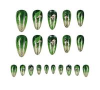 FrostyFlair Press On Nails, 24 piezas uñas postizas verde oscuro, forma almendra media punta francesa, diseño estrella con hojas en 3D