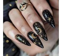 FrostyFlair Schwarz Press On Nails, 24 piezas de uñas postizas con diseño de luna y estrellas, uñas de gel suave para mujeres de longitud media para pegar