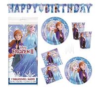 Frozen - Juego de 2 suministros para fiestas - sirve 16 - incluye decoración de pancarta, mantel, platos grandes, servilletas, tazas y velas