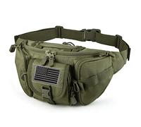 FRTKK - Riñonera táctica Militar con Escudo de Bandera Americana con Correa Ajustable para Exteriores, Pesca, Ciclismo, Camping, Senderismo, Paseos al Perro, Verde Caqui, 19,1-27,6 x 17,9 x 11,9 cm,