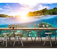 Frtmsticker Fotomurales Xxl Anochecer Océano Árboles Fotomural Tv Foto Mural Pared 3D Fotomurales Decorativos Papel Tapiz Estéreo 3D Fotomurales 3D Fotomural Vinilo Papel Pintado 300X200Cm