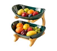 Fruit Basket - Metal With Wooden Stand 2 Tier Oval Storage Organizer | Fruit Holder Countertop Kitchen Storage Rack F́ruit Bowl Candy Snack Dessert Organizer | For Kitchen Counter Home Office