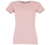 Fruit of the Loom Camiseta para mujer Iconic 150 T, 100% algodón, ajuste femenino, tacto suave, ligera y transpirable, cuello redondo, etiqueta de lágrima, rosa pastel, XXL