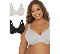 Fruit of the Loom Fit for Me Collection: Plus-Size Unlined Underwire Bra-Cotton Comfort & Pinch-Free Straps Sujetador de Cobertura Completa, Mate, Gris Melange/Tono Negro, 110D (Pack de 2) Mujeres