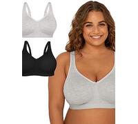 Fruit of the Loom Plus Size Wireless Cotton Bra Sujetador de Cobertura Completa, Mate, Gris Melange/Tono Negro, 105D (Pack de 2) Mujeres