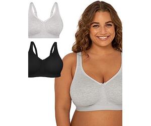 Fruit of the Loom Plus Size Wireless Cotton Bra Sujetador de Cobertura Completa, Mate, Gris Melange/Tono Negro, 105F (Pack de 2) Mujeres