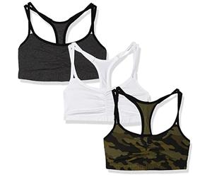 Fruit of the Loom Spaghetti Strap Cotton Sports Bra-All-Day Comfort & Easy Movement Sujetador Deportivo, Opaco, Camuflaje/Blanco/Antracita con Negro, 46 (Pack de 3) para Mujer