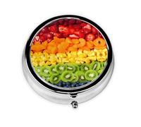Fruit Rainbow Este pequeño pastillero redondo impreso es un organizador portátil de píldoras y vitaminas perfecto para bolsillos, bolsos y viajes.