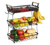 Fruit Stand, 3 Tier Basket Organizer, Kitchen Counter Storage, Bowl Design with Banana Hangers, Multi-Purpose Produce Holder, Ideal for Vegetables, Snacks, Home, Restaurant, 17.7x14.5x8.6 Inches