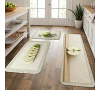 Fruits - Juego de 3 alfombras de cocina naturales contemporáneas con hojas de rodajas de color verde verano, cómodas, lavables, para fregadero, lavandería, entrada, pasillo