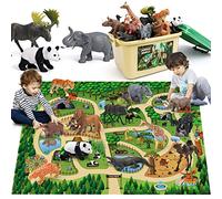 FRUSE Animales de Juguetes con 145x98cm Jumbo Tapete Juego,12 Piezas Realista Animales Granja Selva con León,Elefante,Figuras Animales Juguete Educativo,Regalos para Niños Niñas 3 4 5 6 Años