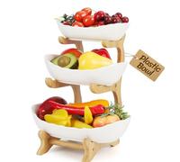 Frutero 3 Pisos Blanco, Corbeille à fruits moderne en plastique pour la cuisine,ensalada de frutas de varios pisos Juego de Cuencos con Pararse Bambú para decoración de cocina, verduras, aperitivo