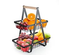 Frutero Cocina 2 Pisos Negro, Cesta Metal para Frutas y Verduras | Metal resistente y antioxidante • Fácil montaje y limpieza • Mango práctico • Para frutas, verduras, pan y snacks en cocina